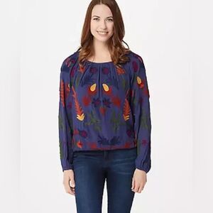 Laurie Felt Embroidered Boho Top Navy Women L
